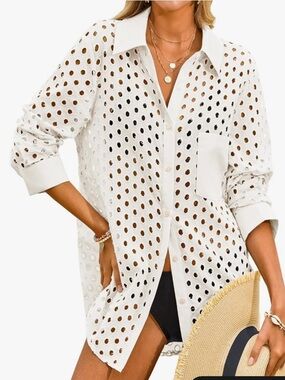 White Eyelet Cotton Button-Up Shirt Beach Coverup NEW Small